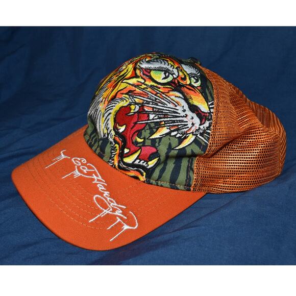 Ed Hardy Screaming Tiger Trucker Snapback Mesh Hat Baseball Cap Orange Y2K - Picture 2 of 10